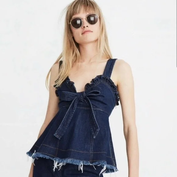 NEW MADEWELL x KAREN WALKER Raw Edge Denim Trianon Bow Top blue jean tank tie - Picture 1 of 6